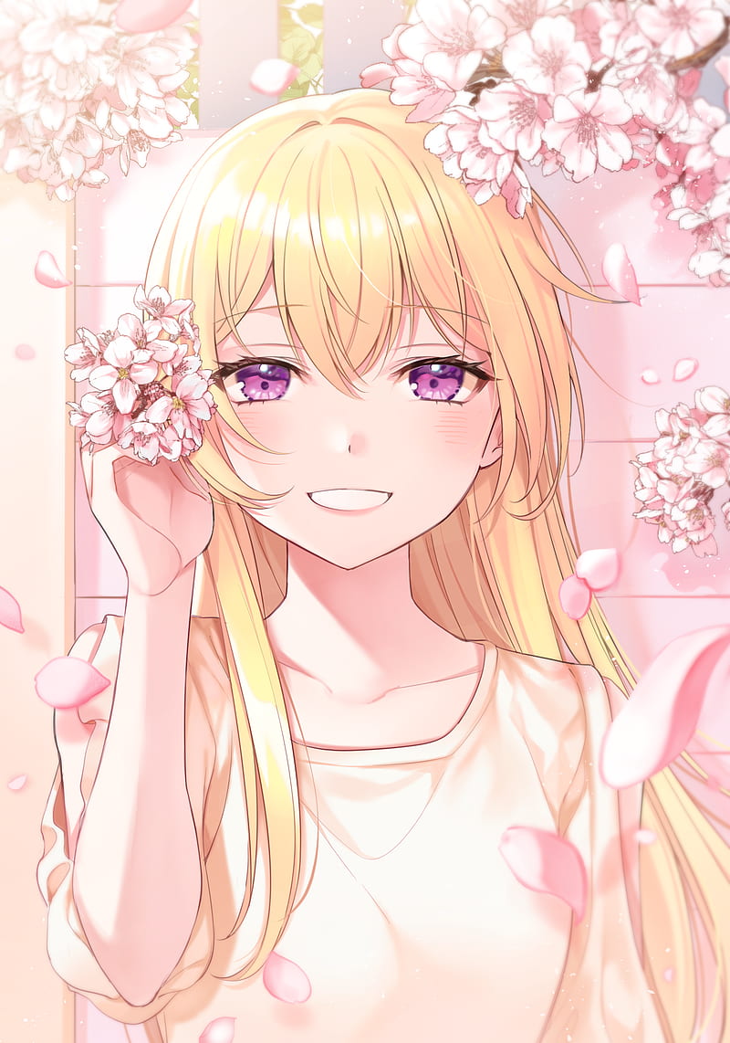 anime girls, blonde, smiling, flowers, anime, HD phone wallpaper