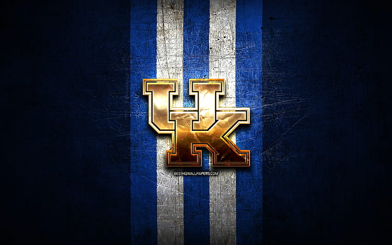 Kentucky Wildcats, golden logo, NCAA, blue metal background, american football club, Kentucky Wildcats logo, american football, USA, HD wallpaper