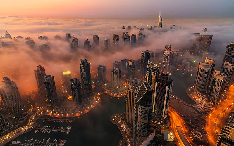 Dubai, fog, skyscrapers, morning, UAE, United Arab Emirates, HD wallpaper