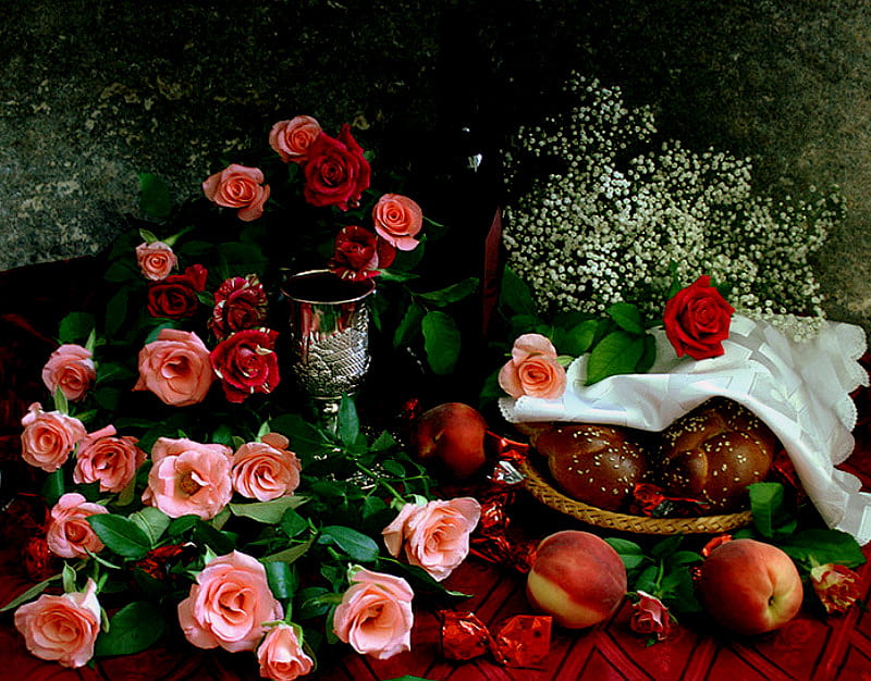 Days Of Wine And Roses, candy, red, bread, silver chalice, silver, still life, babys breath, fruit, peaches, bread basket, flowers, pink, wine botttle, white flowers, apples, wine, tablecloth, roses, napkin, nature, goblet, HD wallpaper