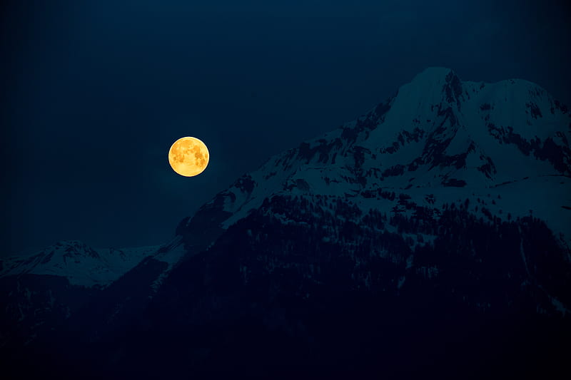 moon, mountains, night, full moon, moonlight, HD wallpaper