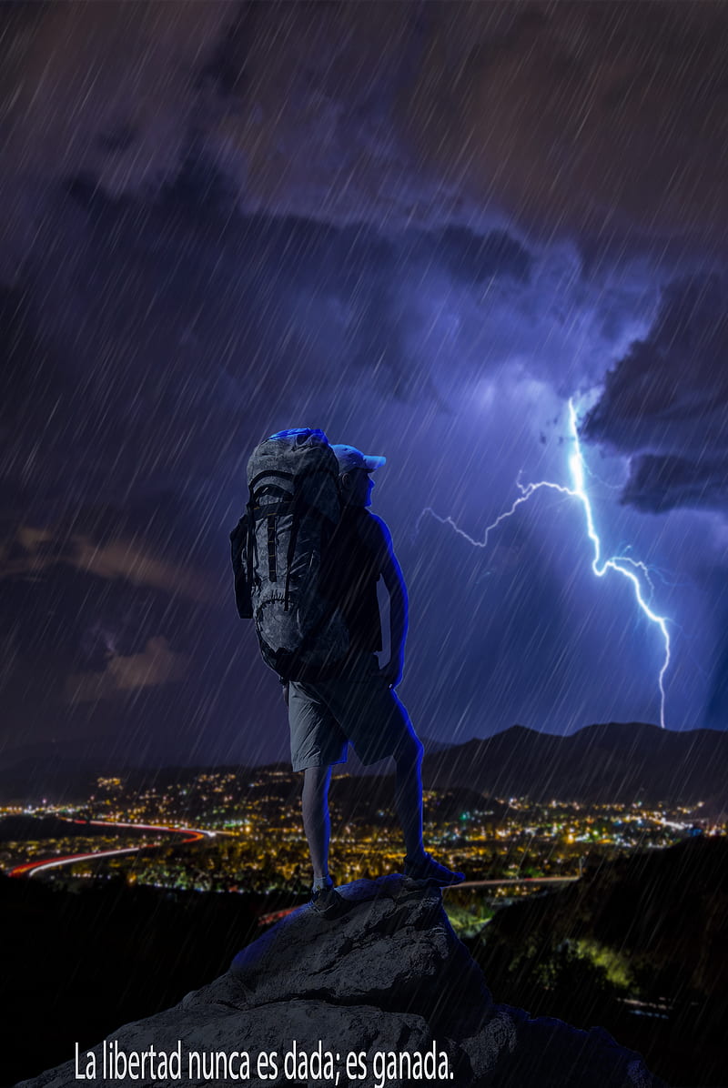 rain, standing, sky, dark, artwork, storm, lightning, backpacks, HD phone wallpaper