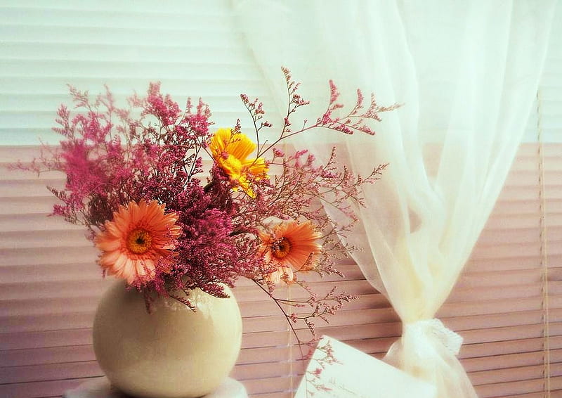 My spring corner, daisies, bouquet, flowers, vase, curtain, spring, HD wallpaper