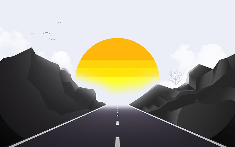 path to sun, , abstract landscapes, road, abstract mountains, sun, landscapes minimalism, artwork, HD wallpaper