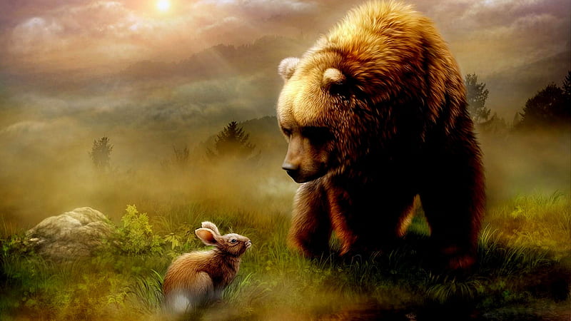 Bear And Bunny, Bnunny, Brown, Bear, Grass, HD wallpaper