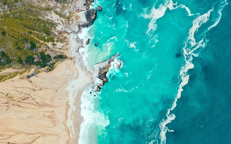 ocean coast, view from above, aerial view, waves, beach, rocks, ocean waves, HD wallpaper