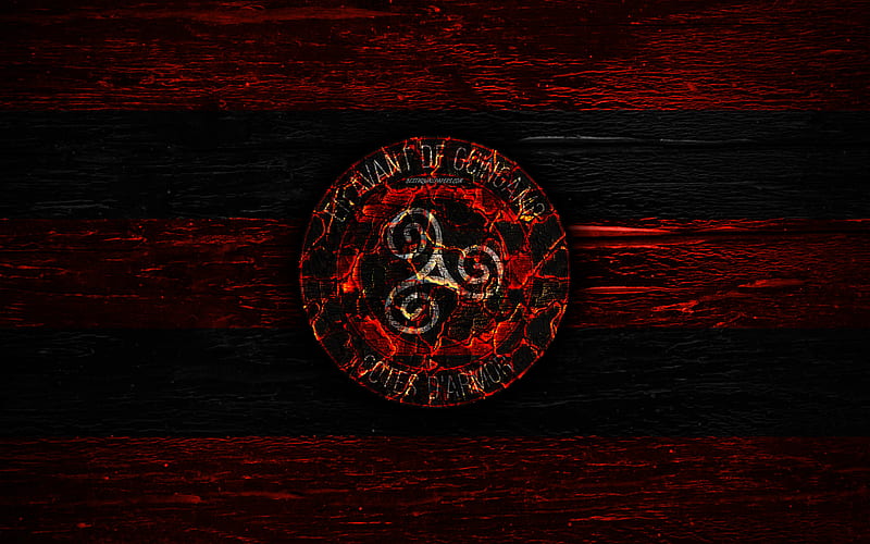 Guingamp FC, fire logo, Ligue 1, black and red lines, french football club, grunge, football, soccer, logo, EA Guingamp, wooden texture, France, HD wallpaper