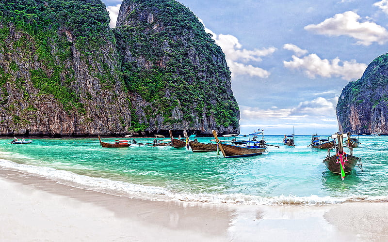 Phi Phi Island, Phuket, Thailand, tropical island, ocean, rocks, islands, summer travel, HD wallpaper