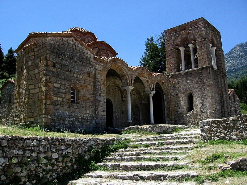 Old Church, Mystras, Greece, pillars, tower, square, blue sky, church, steps, HD wallpaper