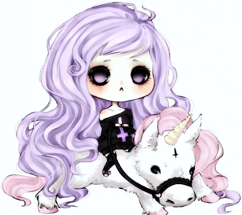 Pastel Gothic Chibi, purple, gothic, unicorn, anime, drawing, pastel, chibi, HD wallpaper