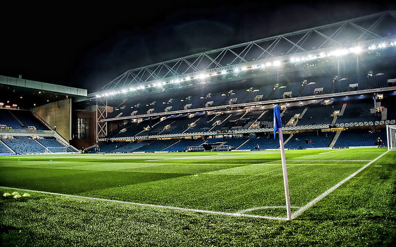 Ibrox Stadium, night, football stadium, soccer, Ibrox Park, Rangers Stadium, empty stadium, Glasgow, Scotland, Rangers FC, HD wallpaper