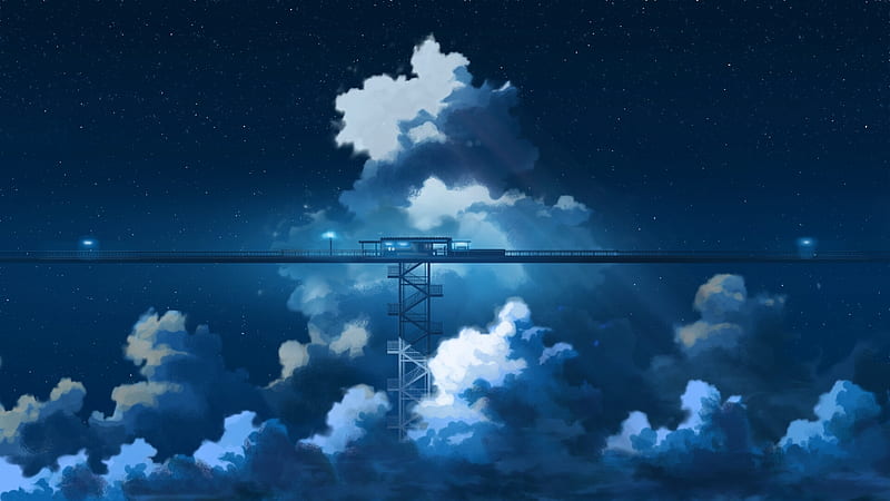 anime train station, scenic, stars, clouds, Anime, HD wallpaper