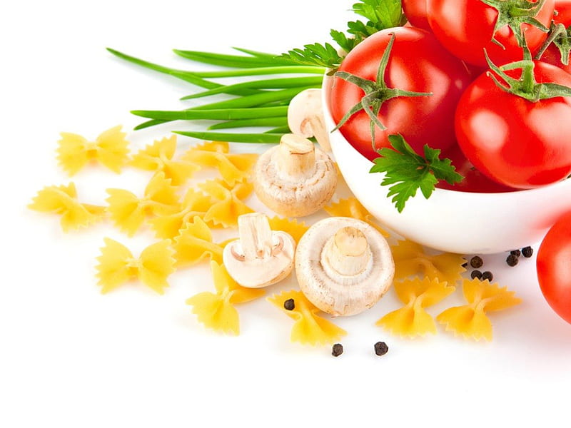 Food, tomatoes, fruits, mushrooms, vegetables, pasta, HD wallpaper