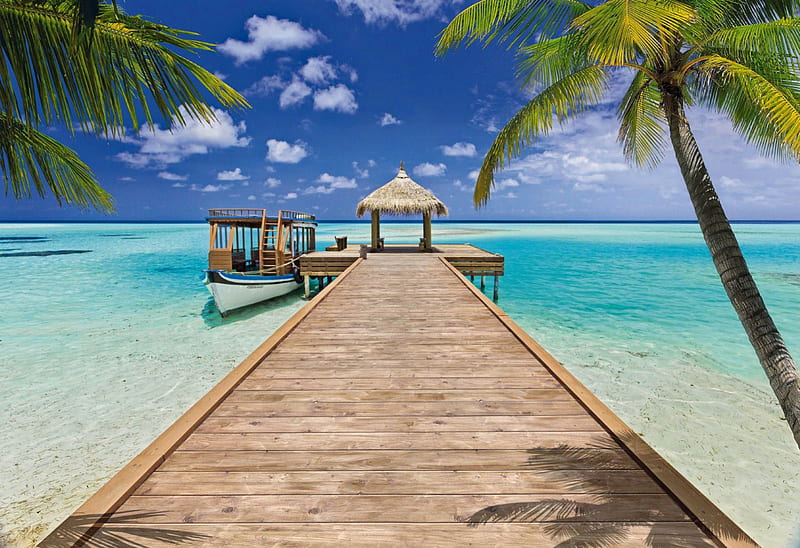 beach resort, resort, vacation, ocean, palms, sea, beach, boat, gangplank, summer, SkyPhoenixX1, island, HD wallpaper