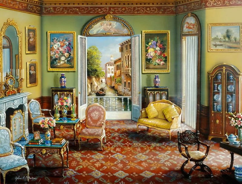 Venetian interior, art, house, view, Italy, interior, home, bonito, Venice, painting, HD wallpaper