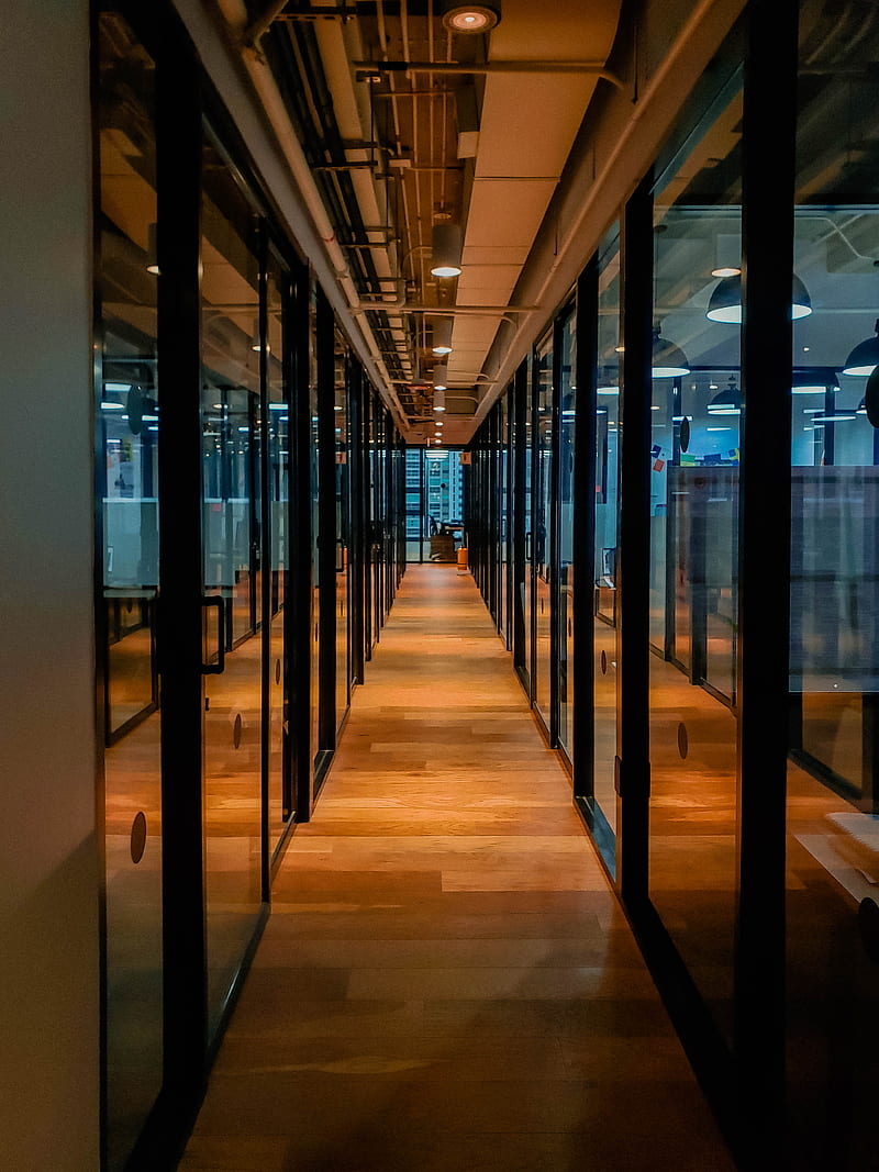 glass paneled long wooden floored hallway, HD phone wallpaper