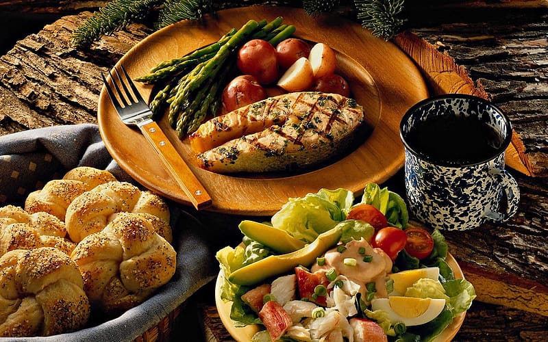 Food, Fish, Meal, Mug, Salad, Potato, Asparagus, Salmon, Bread Roll, HD wallpaper