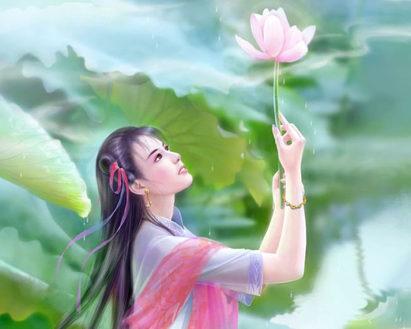 Lotus, pretty, bonito, magic, sweet, nice, fantasy, anime, hot, beauty, anime girl, female, water lily, leave, sexy, leaf, pond, cute, water, girl, oriental, flower, chinese, HD wallpaper