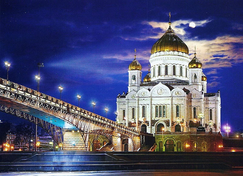 Cathedral of Christ the Saviour, Moscow, building, towers, bridge, river, evening, sky, lights, HD wallpaper