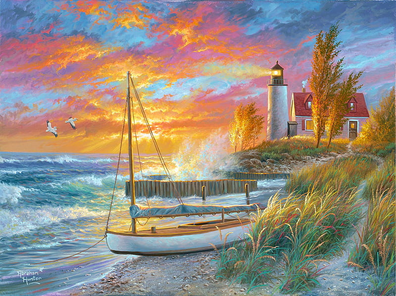 Point Betsie Lighthouse, sea, boat, painting, sunset, sky, clouds, artwork, HD wallpaper