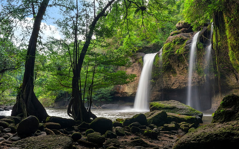 Haew Suwat Waterfall, beautiful waterfall, rock, rain forest, Thailand, Khao Yai National Park, Suwat Waterfall, HD wallpaper