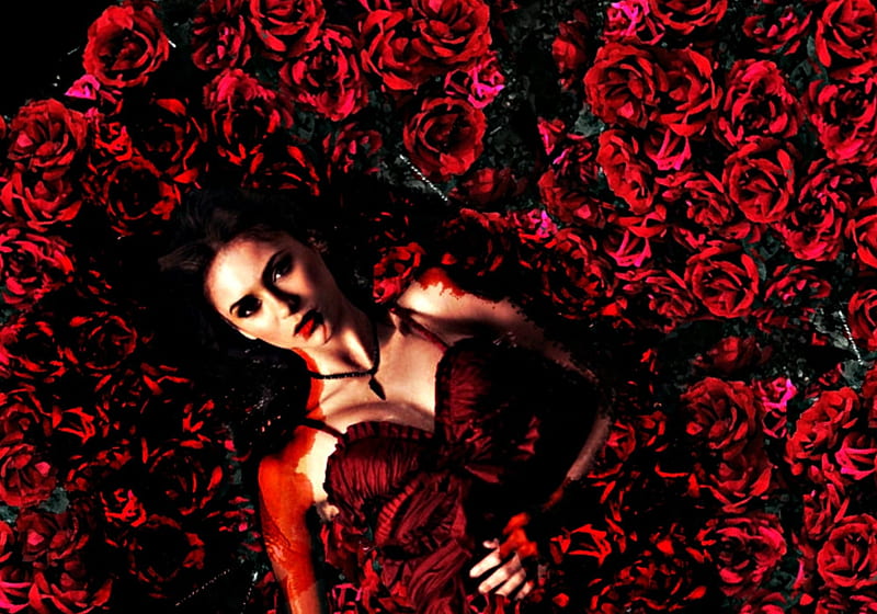 Nina Dobrev, red, the vampire diaries, rose, carpet, woman, elena, girl, actress, tv series, flower, HD wallpaper