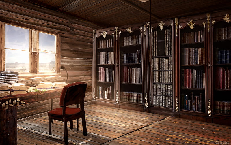 Anime, Room, Book, Chair, Desk, Library, Window, Wooden, HD wallpaper