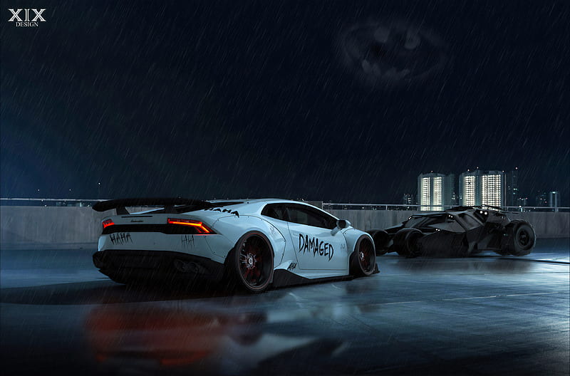 Joker Lamborghini And Batmobile, lamborghini, batmobile, superheroes, carros, HD wallpaper