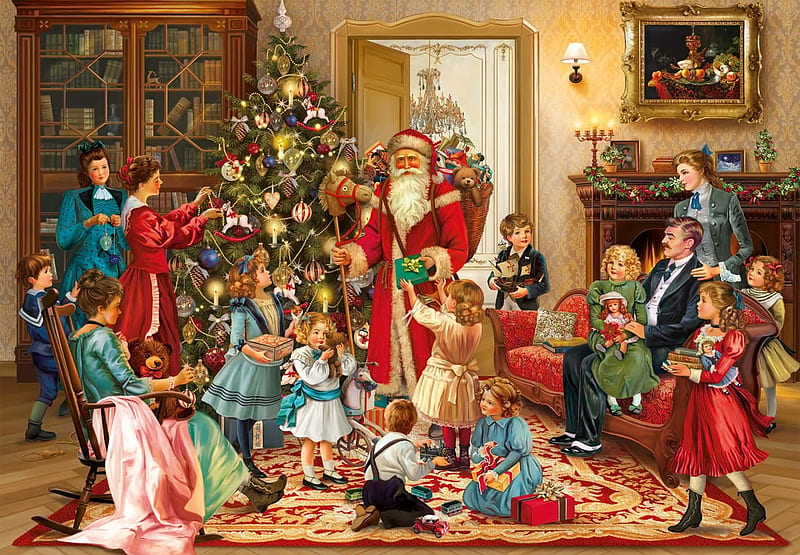 Victorian Christmas, tree, santa, christmas, craciun, people, painting, children, art, victorian, vintage, HD wallpaper