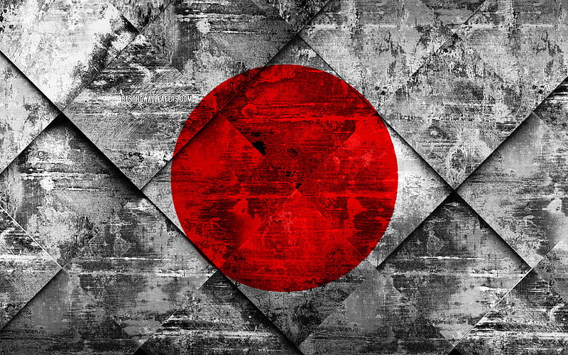 Flag of Japan grunge art, rhombus grunge texture, Japanese flag, Asia, national symbols, japan, creative art, HD wallpaper