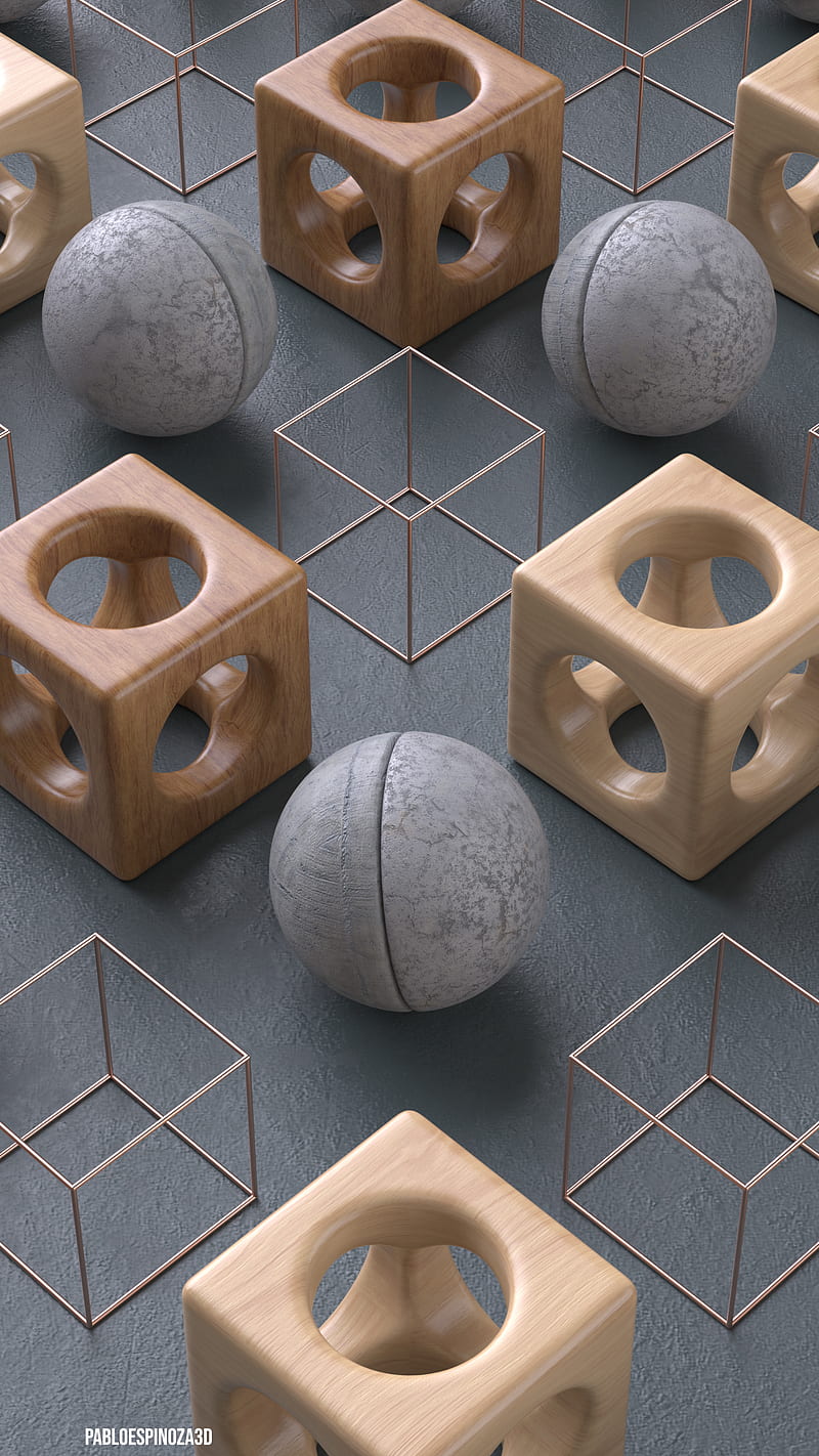 Grey Wood Sphere, 3d, abstract, copper, cube, isometric, render, HD phone wallpaper