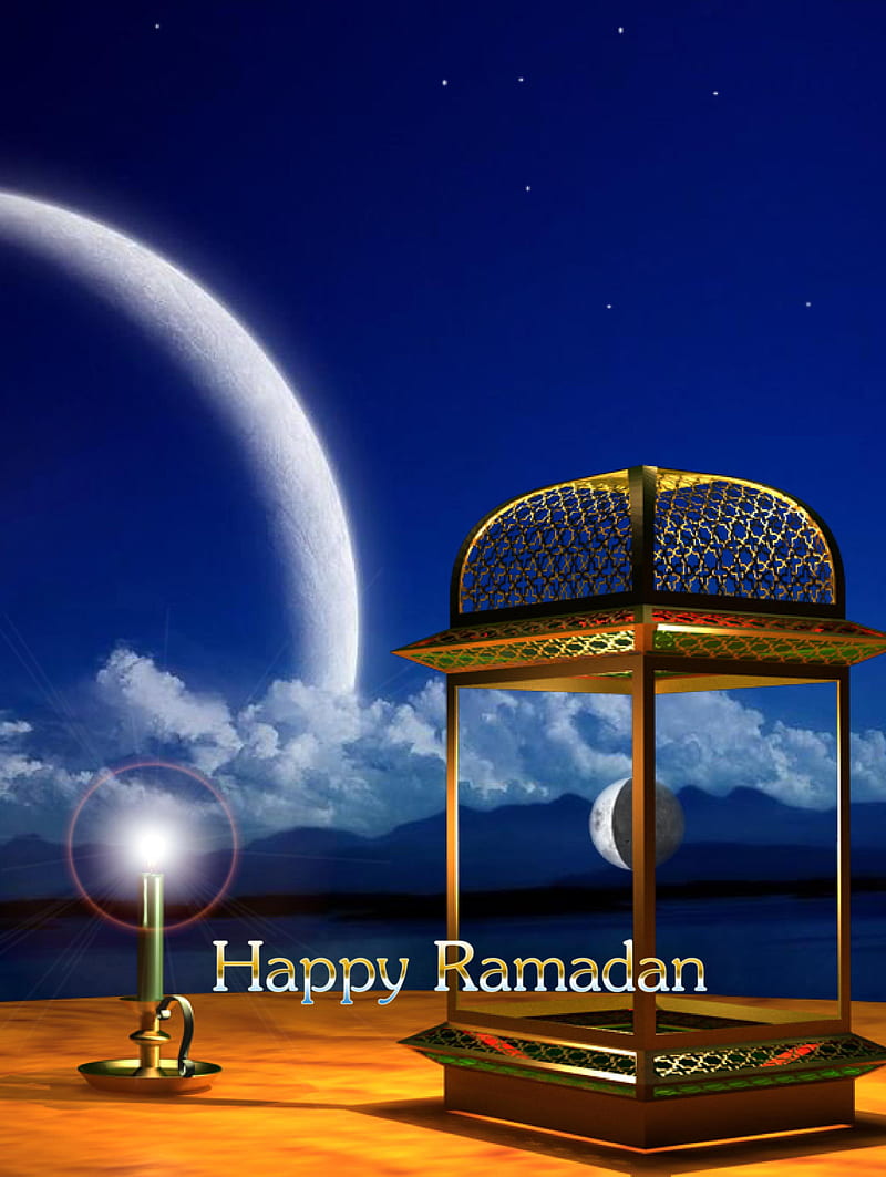 Happy Ramadan, candle, landscape, lantern, light, moon, sky, HD phone wallpaper