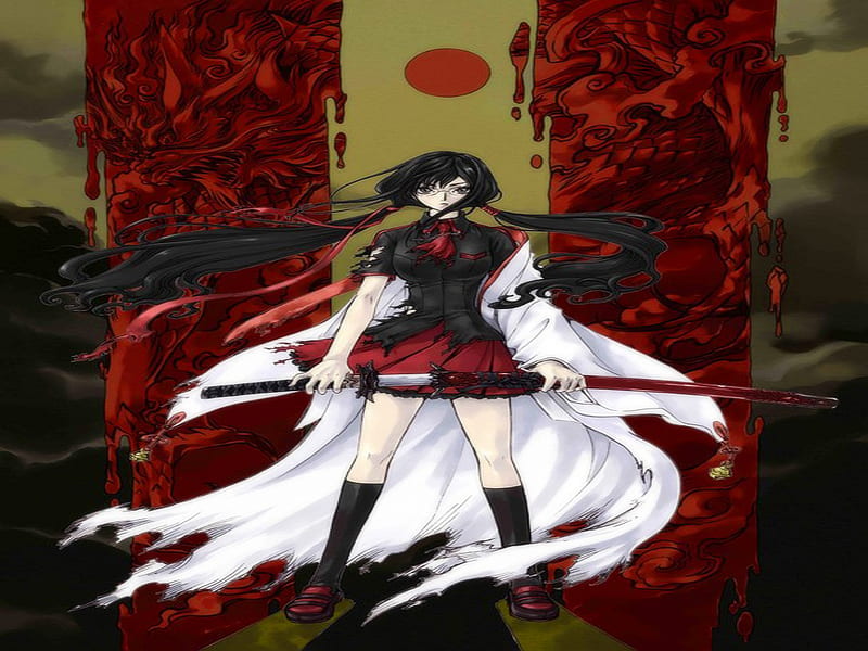 Kisaragi Saya, glasses, torn clothes, hot, anime girl, sword, black hair, school uniform, female, ribbon, sexy, twin tails, blood, cool, warrior, katana, blood-c, HD wallpaper