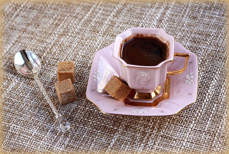 * A cup of coffee *, aromatic, coffee, spoon, sugar, tasty, plate, cup, drink, HD wallpaper