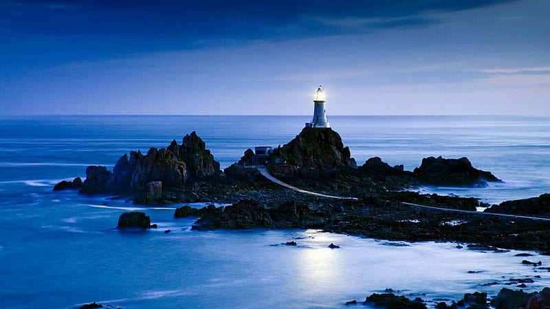 La Corbiere Lighthouse (Jersey), ocean, nature, la corbiere, sky, lighthouse, sea, coast, shore, calm, tower, HD wallpaper