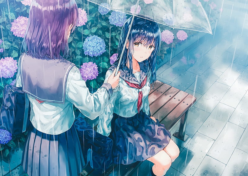 anime school girls, raining, colorful flowers, school uniform, crying, sadness, purple hair, Anime, HD wallpaper