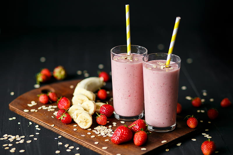 Food, Smoothie, Banana, Berry, Drink, Fruit, Glass, Still Life, Strawberry, HD wallpaper