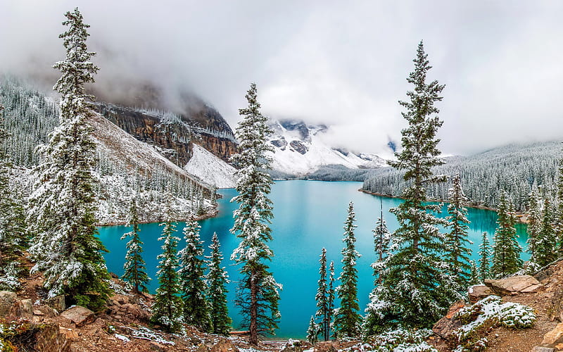 Moraine Lake, winter, fog, mountains, blue lake, Alberta, forest, Banff National Park, Canada, HD wallpaper