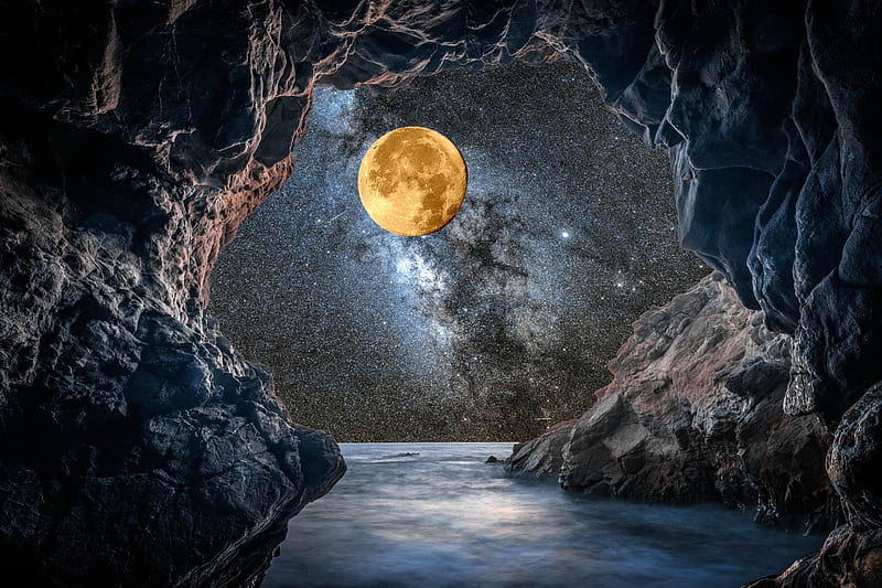 Harvest Moon as Seen from a Sea Cave, Malibu Beach, sea cave, moon, nature, usa, HD wallpaper