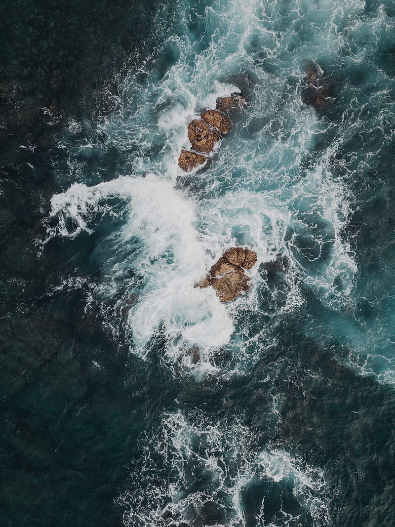 sea, rocks, aerial view, waves, water, HD phone wallpaper