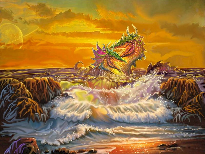 Sea Serpent, art, water, sky, dragon, digital, HD wallpaper