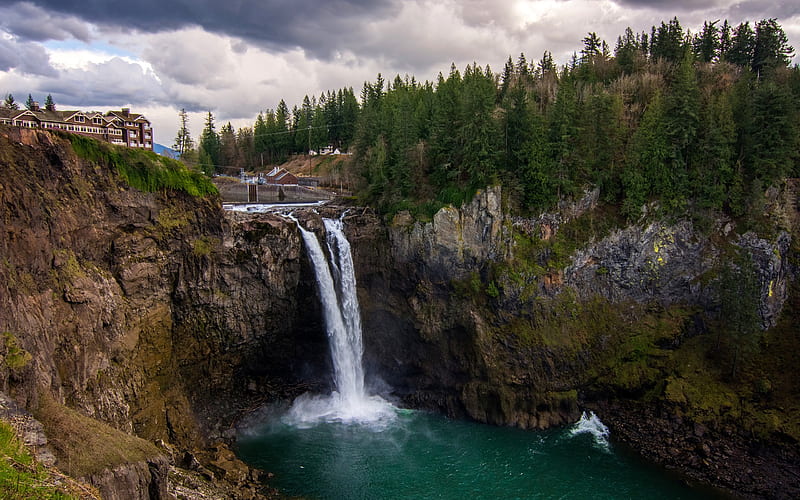 Snoqualmie Falls, clouds, Washington, USA, beautiful waterfall, forest, HD wallpaper