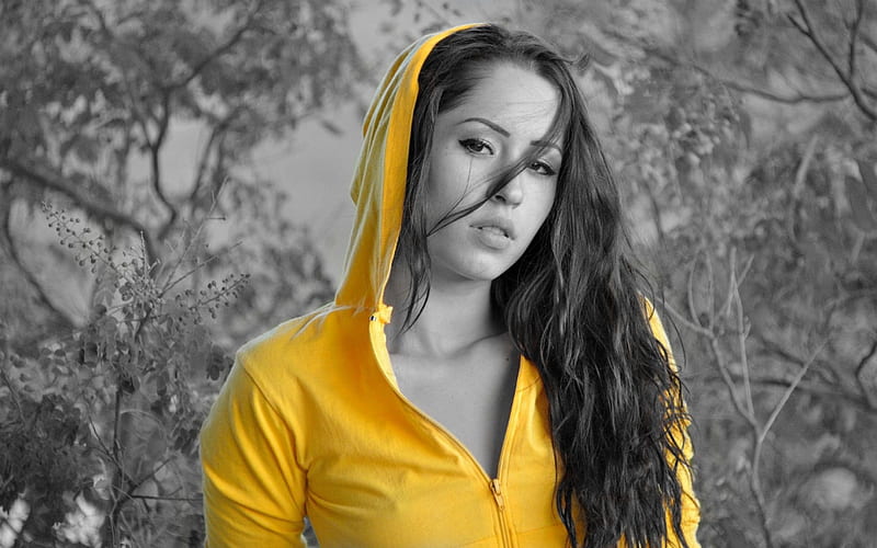 Violet in a Yellow Hoodie, Abstract, Model, Yellow, Hoodie, HD wallpaper