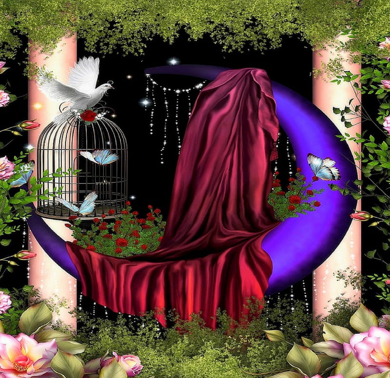Purple Crescent Moon Garden, premade BG, crescent moon, leaves, stock , moss, exterior, lovely flowers, resources, curtains, buttefly designs, creative pre-made, butterflies, roses, glowing danggles, pink roses, cage, purple, dove, garden, backgrounds, nature, HD wallpaper