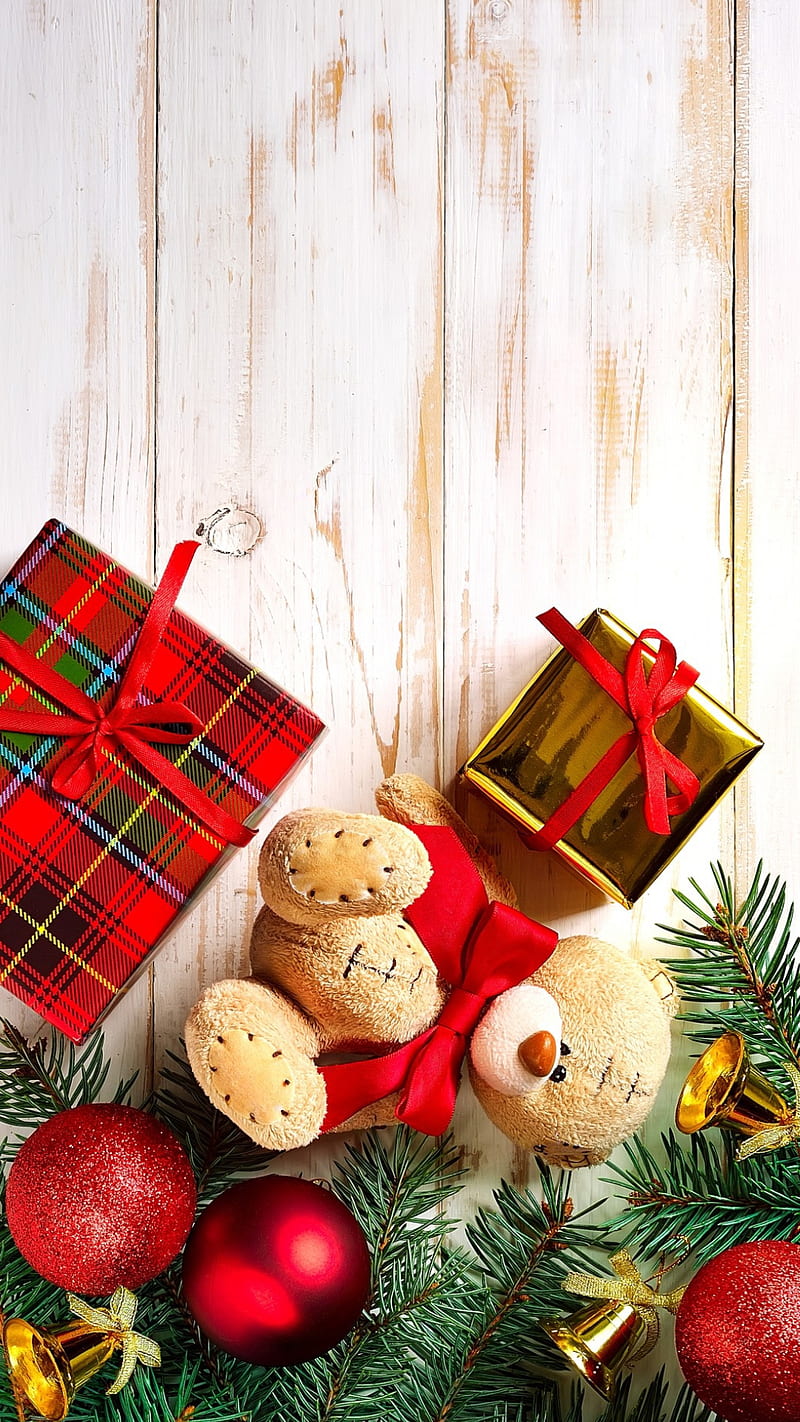 its Christmas, christmas , holidays, season, wood, decoration, puppy, bear, gifts, HD phone wallpaper