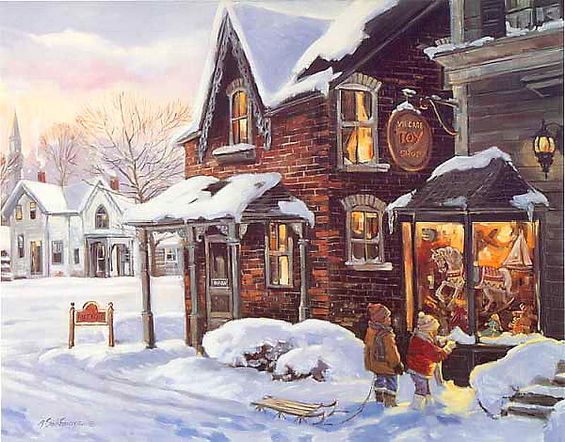 Toy shop, christmas, snow, houses, children, village, winter, HD wallpaper