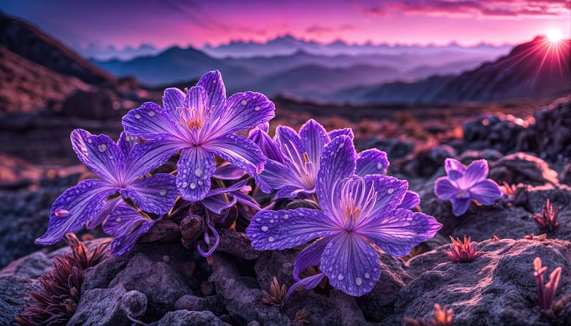 Purple beauty, purple, sunset, flowers, close-up, beautifuil, view, stones, HD wallpaper