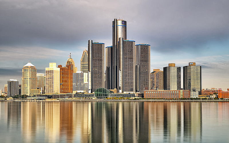 Detroit, evening, Lake Michigan, sunset, Detroit cityscape, Illinois, USA, Detroit Skyline, HD wallpaper