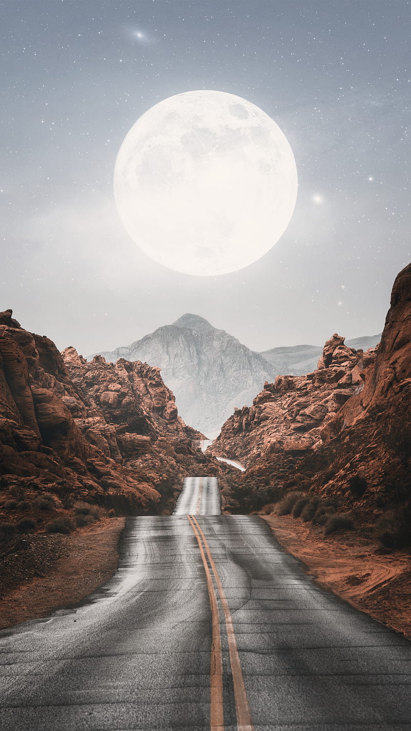 Shining Full Moon, adventure, full moon, road, stars, travel, white night, HD phone wallpaper