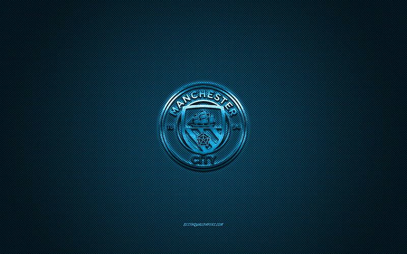 Manchester City FC, English football club, blue metallic logo, blue carbon fiber background, Manchester, England, Premier League, football, HD wallpaper